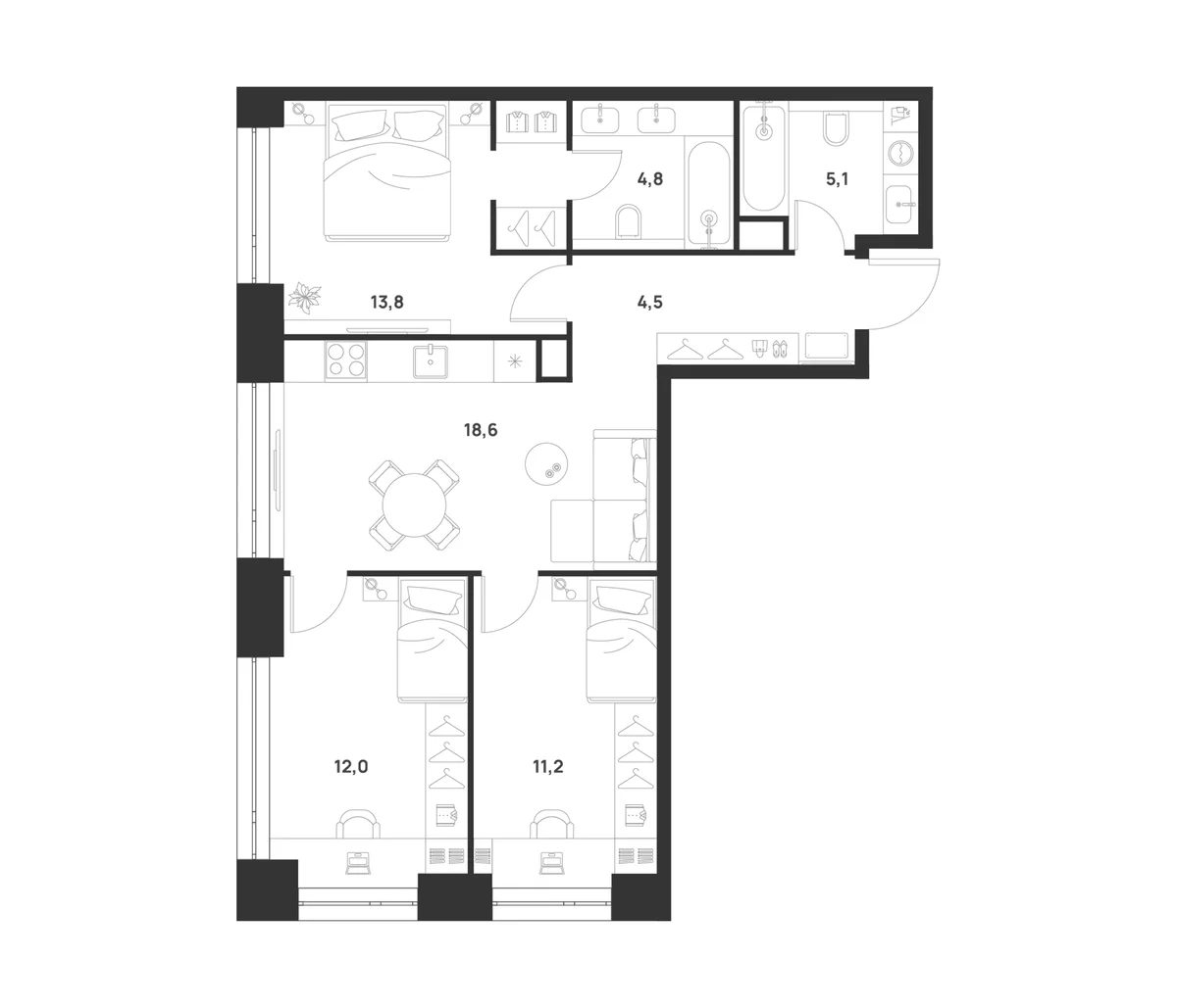 Планировка: 3-комнатная квартира 70 м² в ЖК «ВОЙС»