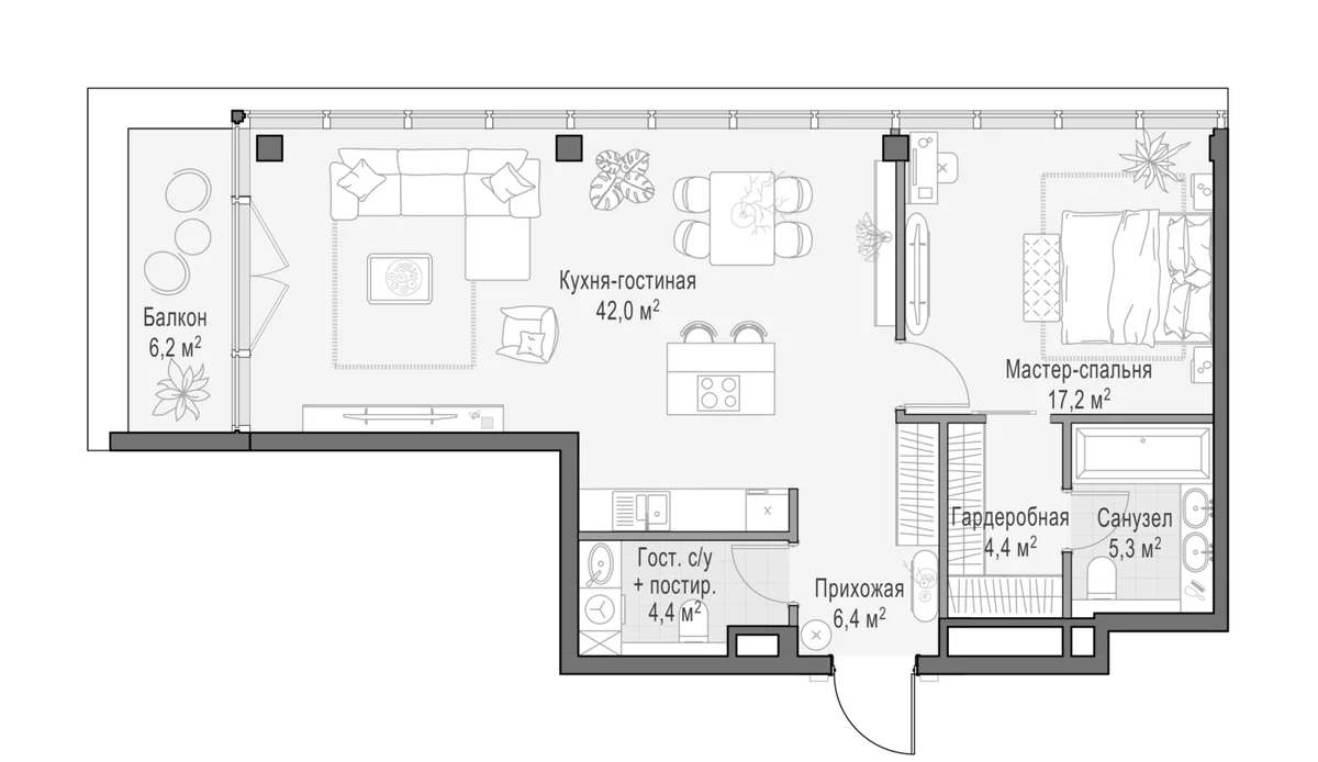 Планировка: Евродвушка 81,8 м² в ЖК «Клубный квартал Фрунзенский»