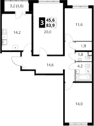 Планировка: 3-комнатная квартира 82,3 м² в ЖК «Южная Битца»