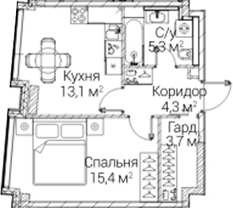 Планировка: 1-комнатная квартира 41,8 м² в ЖК «СЕЗАР БУДУЩЕЕ»