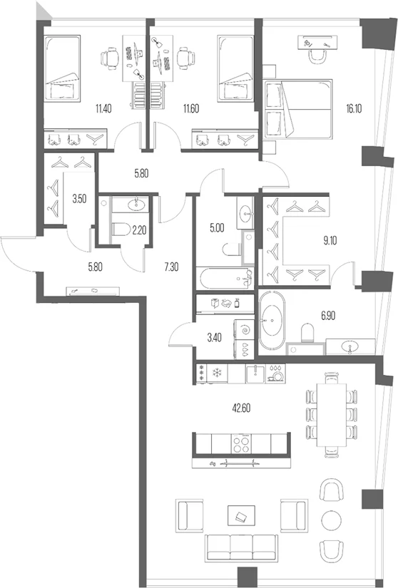 Планировка: 3-комнатная квартира 130,7 м² в ЖК «Северный Порт»