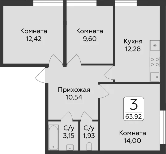 Планировка: 3-комнатная квартира 63,9 м² в ЖК «Панорама Юкки. ГК Развитие. Санкт-Петербург»