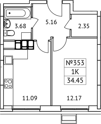 Планировка: 1-комнатная квартира 34,5 м² в ЖК «Новотомилино»