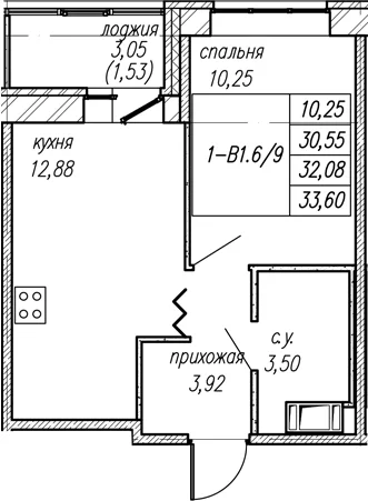Планировка: 1-комнатная квартира 30,6 м² в ЖК «Уютный Новоселье»