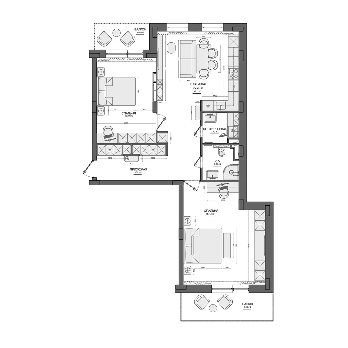 Планировка: Евротрёшка 85,6 м² в ЖК «Лесной»