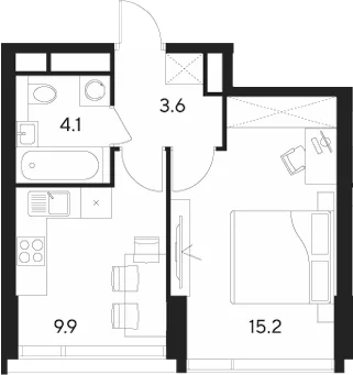 Планировка: 1-комнатная квартира 32,8 м² в ЖК «Инди Тауэрз от Аквилон»