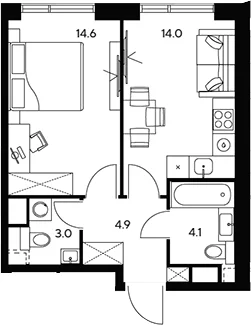 Планировка: 1-комнатная квартира 40,6 м² в ЖК «НЕКСУС от Аквилон»