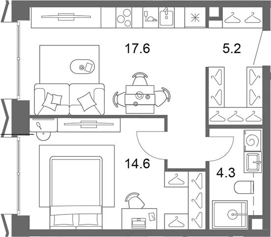 Планировка: Евродвушка 42,5 м² в ЖК «ОМ Ботанический»