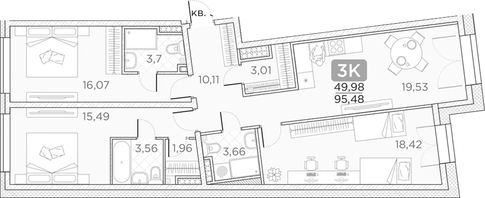Планировка: Квартира евро-4 95,5 м² в ЖК «Гильдия»