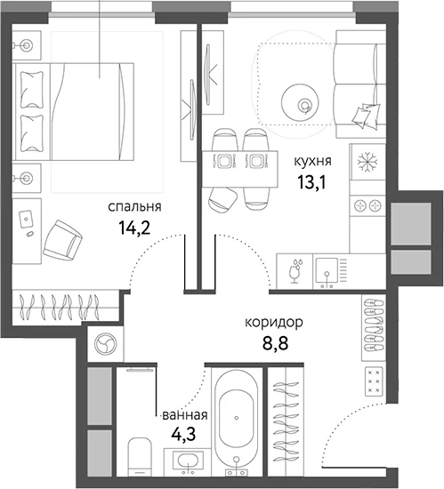 Планировка: 1-комнатная квартира 40,4 м² в ЖК «Сиреневый парк»