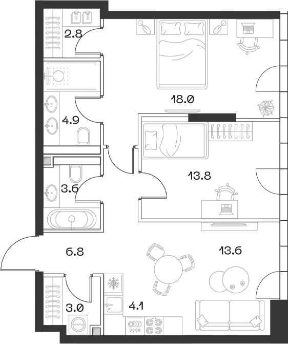Планировка: Евротрёшка 70,6 м² в ЖК «SHIFT»