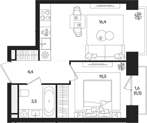 Планировка: Евродвушка 34,8 м² в ЖК «ТАТУМ»