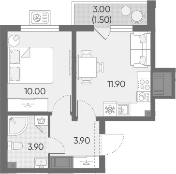 Планировка: Евродвушка 29,7 м² в ЖК «Ручьи 2»