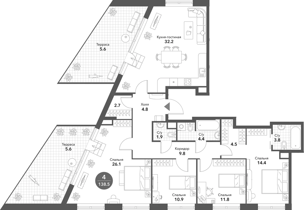 Планировка: Квартира евро-5 127,3 м² в ЖК «Воксхолл»