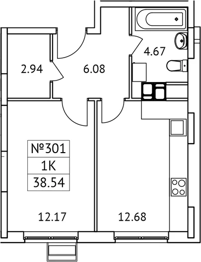 Планировка: 1-комнатная квартира 38,5 м² в ЖК «Новотомилино»