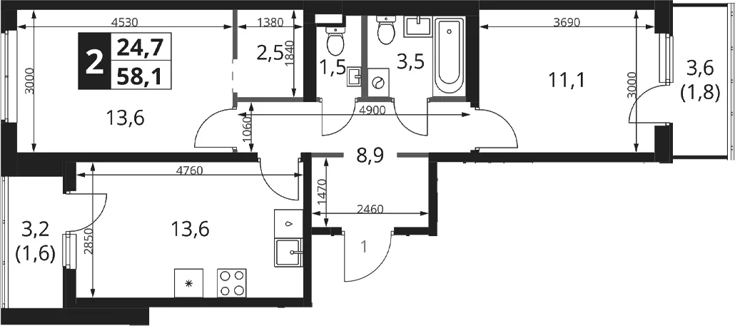 Планировка: 2-комнатная квартира 54,7 м² в ЖК «1-й Ясеневский»