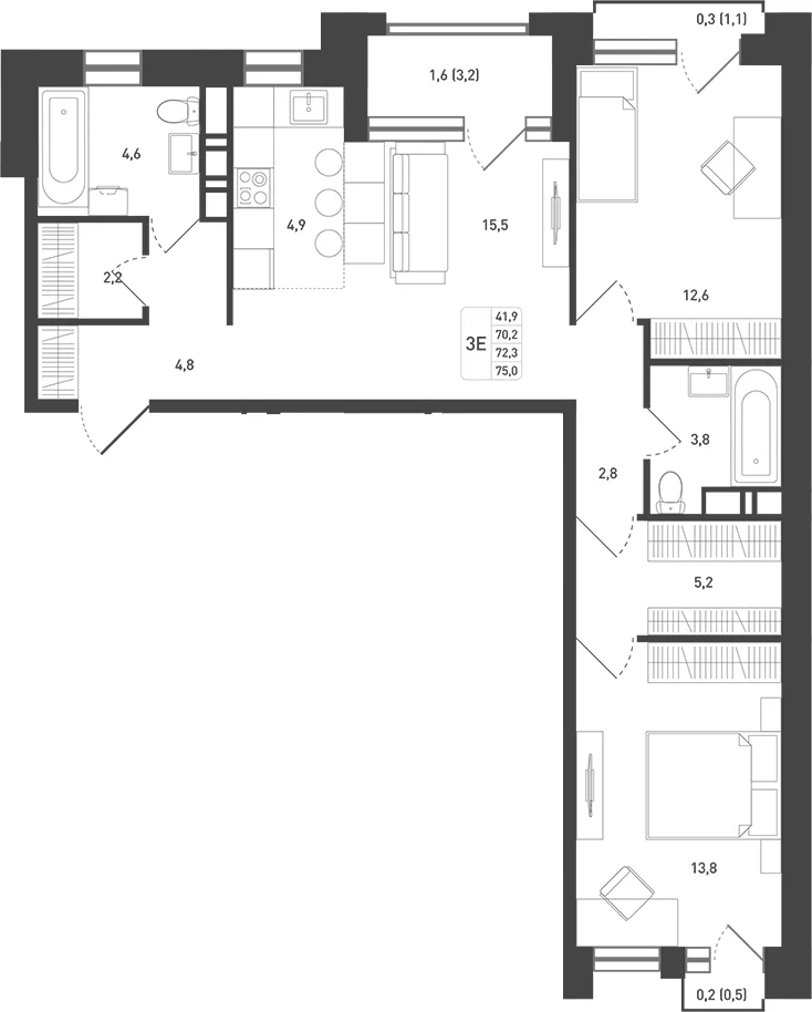 Планировка: Евротрёшка 73,8 м² в ЖК «Новая Щербинка»
