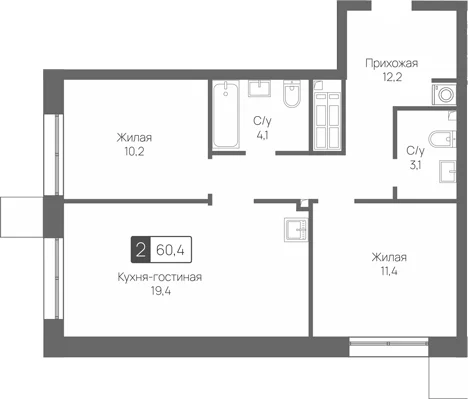 Планировка: Евротрёшка 60,4 м² в ЖК «Сити квартал Отрада»