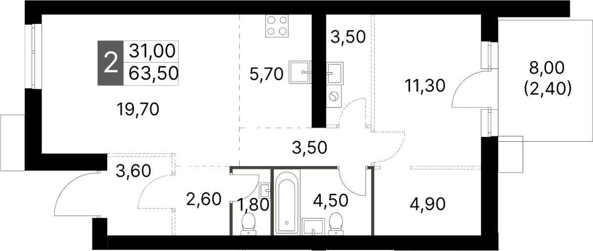 Планировка: Евродвушка 61,1 м² в ЖК «Апрелевка Клаб»