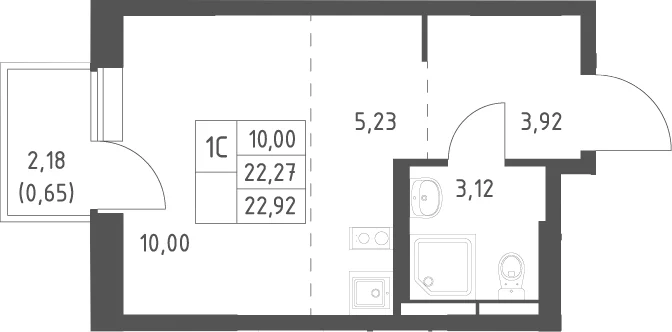 Планировка: Студия 22,3 м² в ЖК «Большое Юрлово»