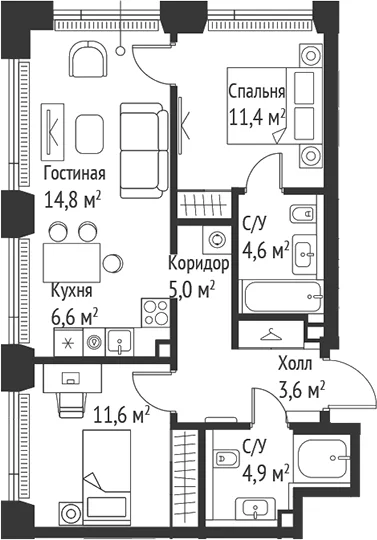 Планировка: Евротрёшка 62,5 м² в ЖК «СЕТ»