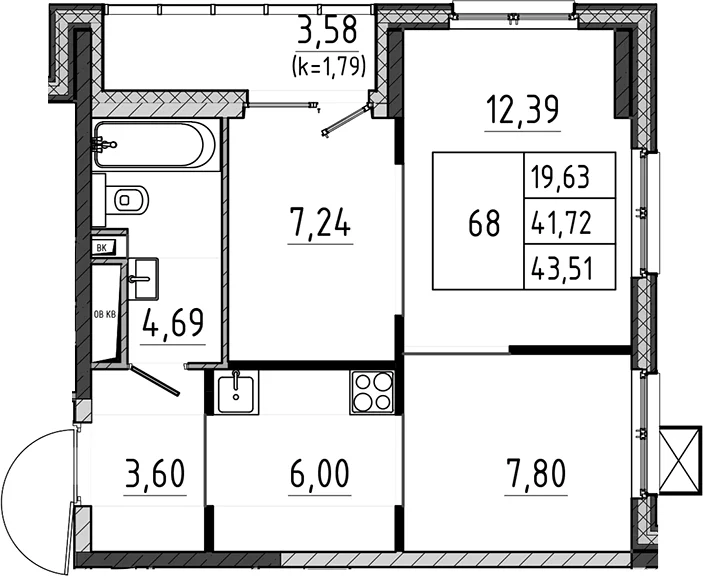 Планировка: 2-комнатная квартира 41,7 м² в ЖК «Поварово-Молодежный-2»