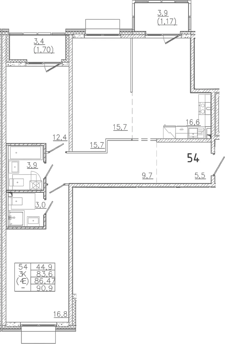 Планировка: Квартира евро-4 83,6 м² в ЖК «Лисино»
