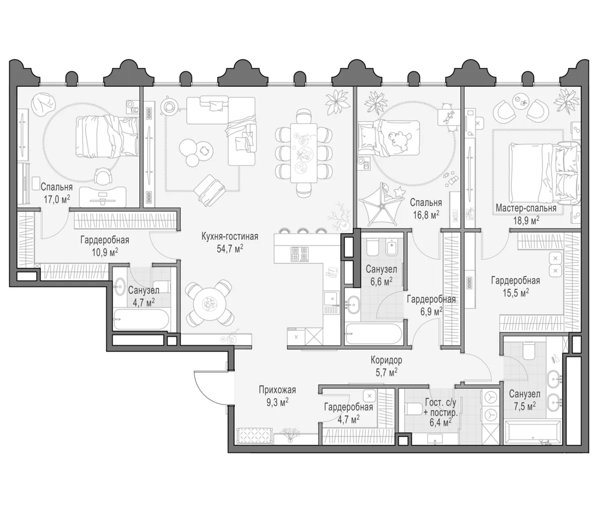 Планировка: Квартира евро-4 187,5 м² в ЖК «Клубный квартал Фрунзенский»