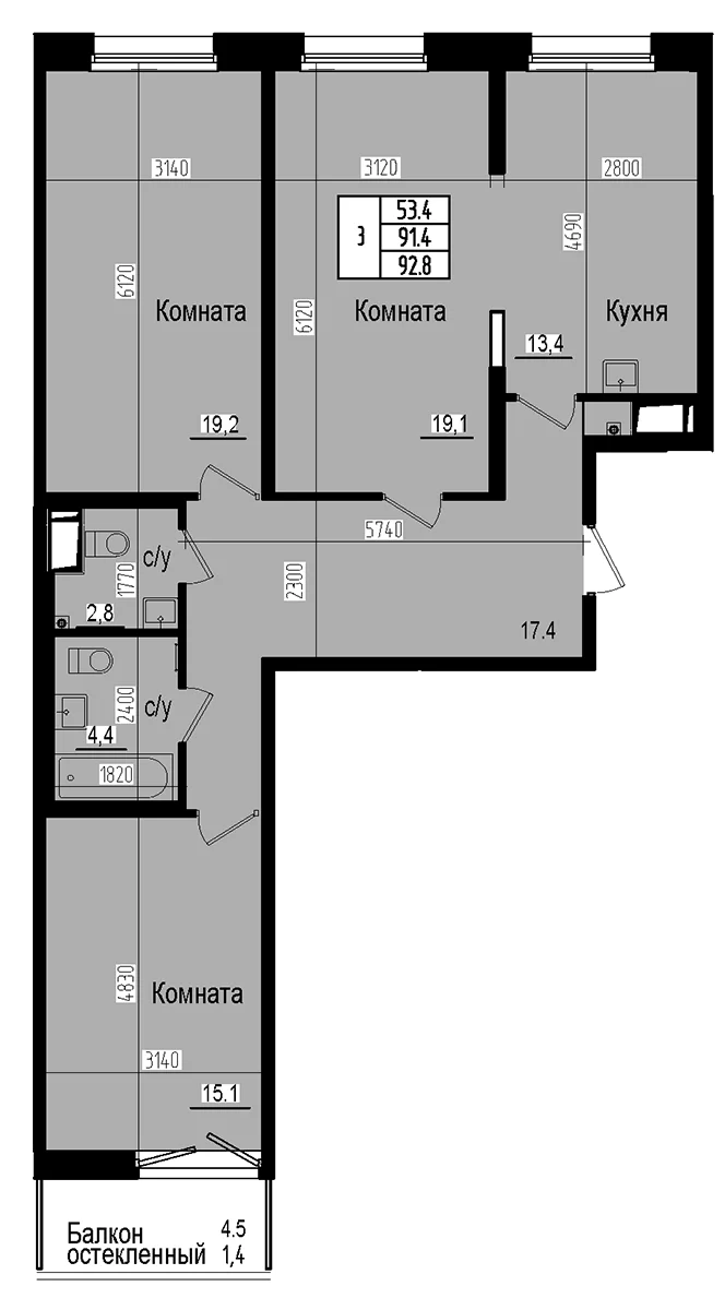 Планировка: 3-комнатная квартира 91,4 м² в ЖК «Прагма Сити»