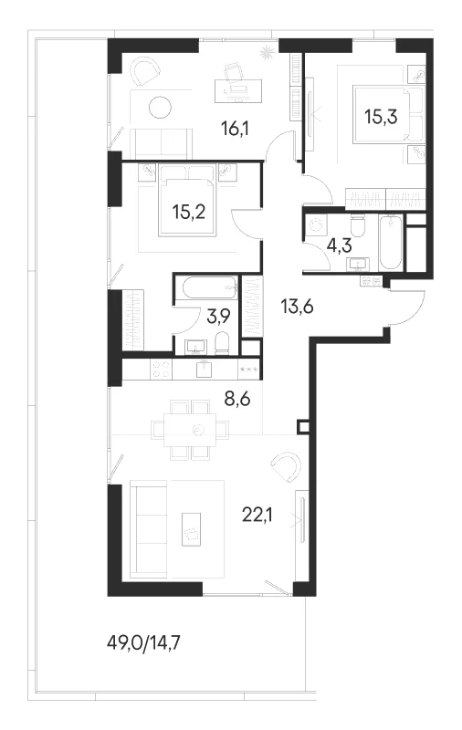 Планировка: Квартира евро-4 99,1 м² в ЖК «Клубный город на реке Примавера»