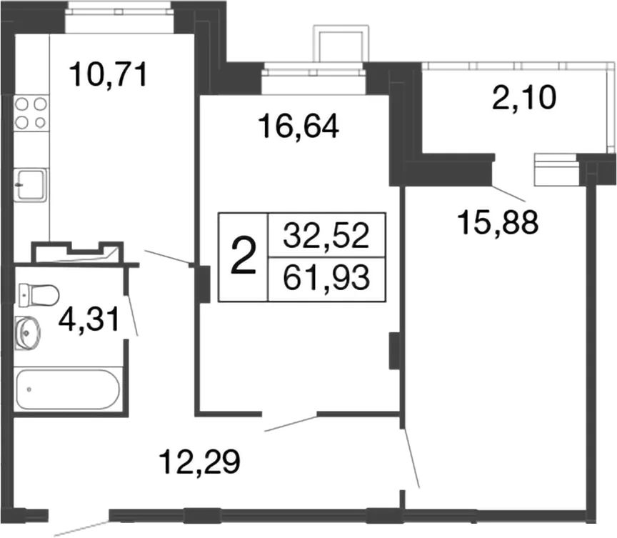 Планировка: 2-комнатная квартира 59,8 м² в ЖК «Времена года»