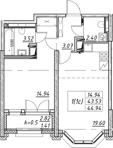 Планировка: Евродвушка 43,5 м² в ЖК «Цивилизация на Неве»