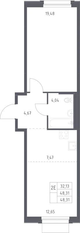 Планировка: Евродвушка 48,3 м² в ЖК «Новое Внуково»