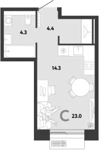 Планировка: Студия 23 м² в ЖК «Страна.Заречная»
