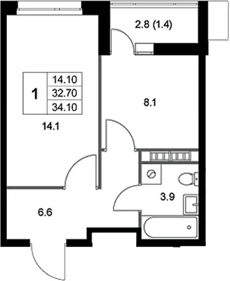 Планировка: 1-комнатная квартира 32,7 м² в ЖК «Легенда Коренево»