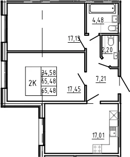 Планировка: Евротрёшка 65,5 м² в ЖК «Bereg. Курортный»