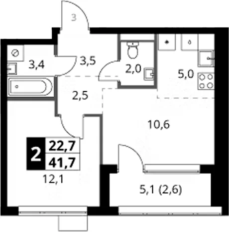 Планировка: Евродвушка 39,1 м² в ЖК «1-й Ясеневский»