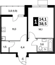 Планировка: 1-комнатная квартира 36,6 м² в ЖК «Южная Битца»