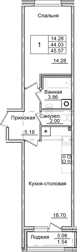 Планировка: 1-комнатная квартира 44 м² в ЖК «Квартал Заречье»