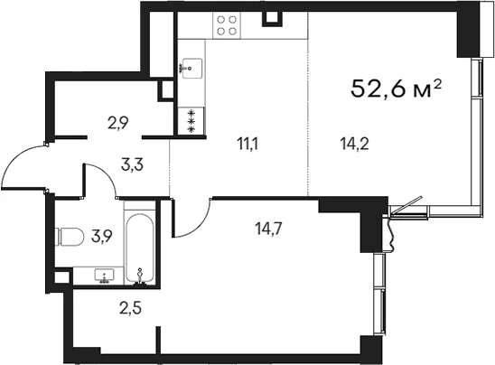 Планировка: Евродвушка 52,6 м² в ЖК «Клубный город на реке Примавера»