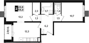 Планировка: 2-комнатная квартира 53,6 м² в ЖК «Южная Битца»