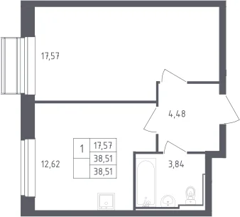 Планировка: 1-комнатная квартира 38,5 м² в ЖК «Рублевский квартал»