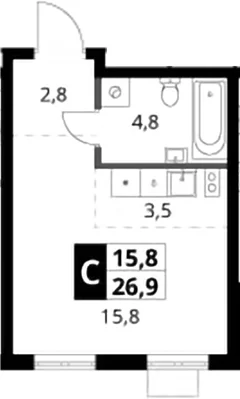 Планировка: Студия 26,9 м² в ЖК «1-й Ясеневский»