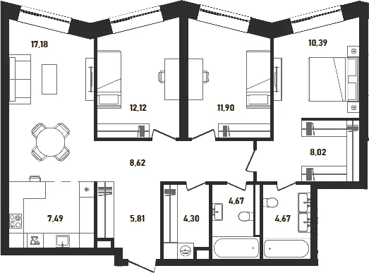 Планировка: Квартира евро-4 95,2 м² в ЖК «Репаблик»
