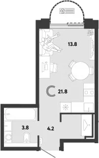 Планировка: Студия 21,8 м² в ЖК «Страна.Заречная»