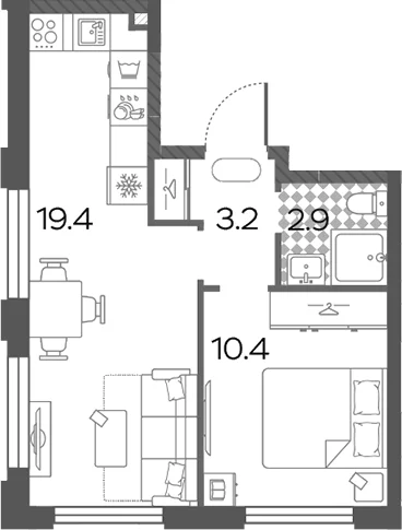 Планировка: Евродвушка 35,9 м² в ЖК «Лучи»