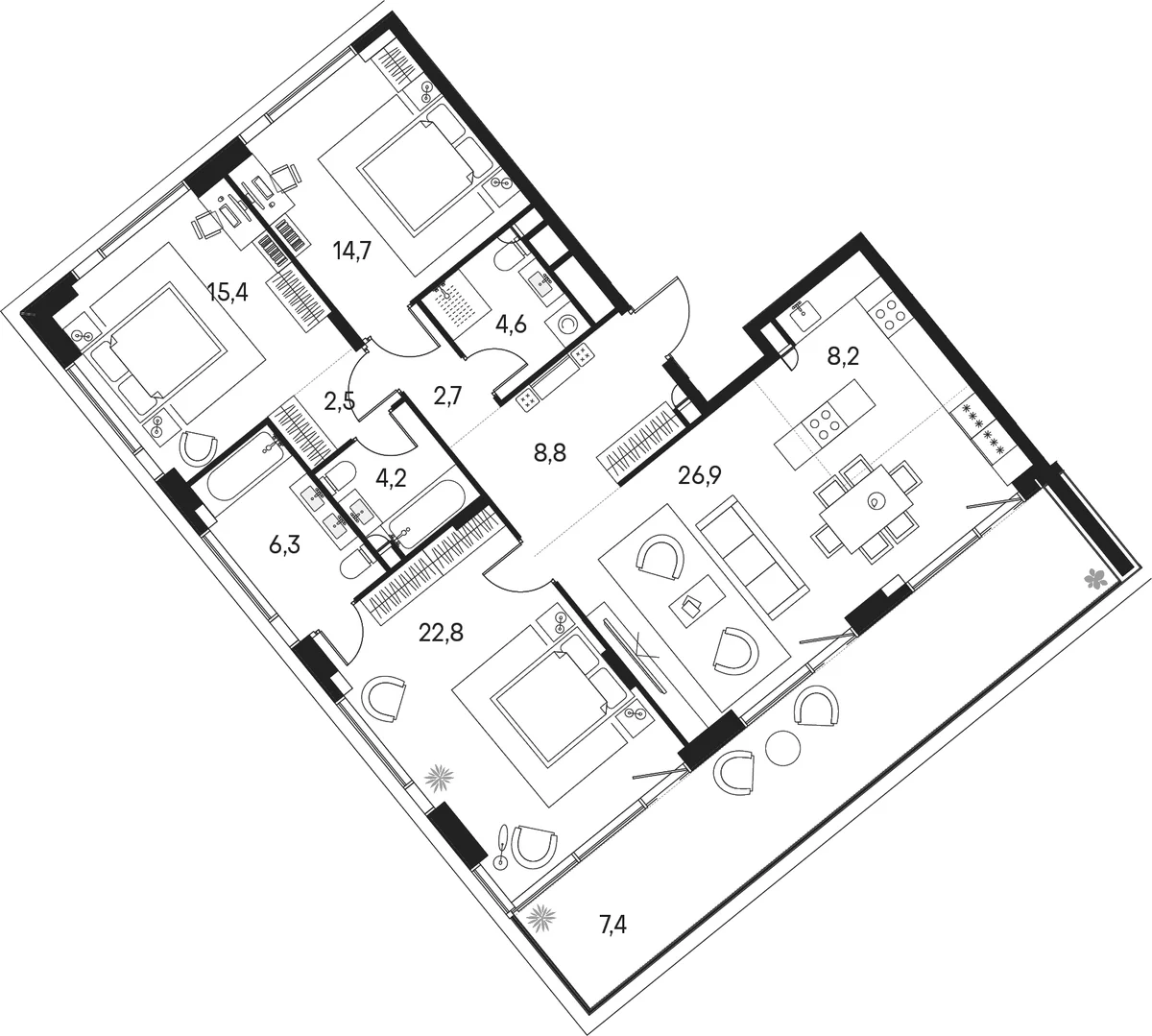 Планировка: Квартира евро-4 118,3 м² в ЖК «Клубный город на реке Примавера»