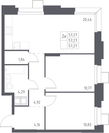 Планировка: Евротрёшка 57,3 м² в ЖК «Тропарево Парк»