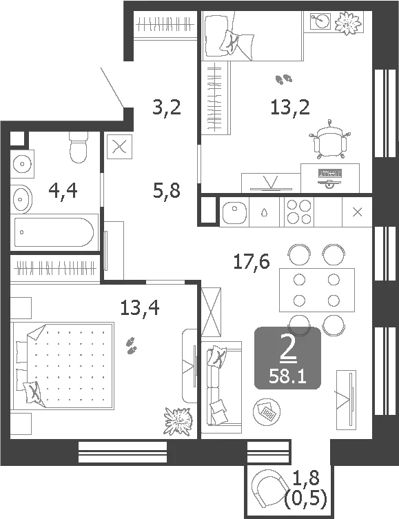 Планировка: Евротрёшка 57,6 м² в ЖК «Шагал»
