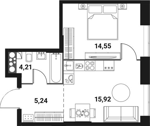 Планировка: Евродвушка 39,9 м² в ЖК «Инноватор»